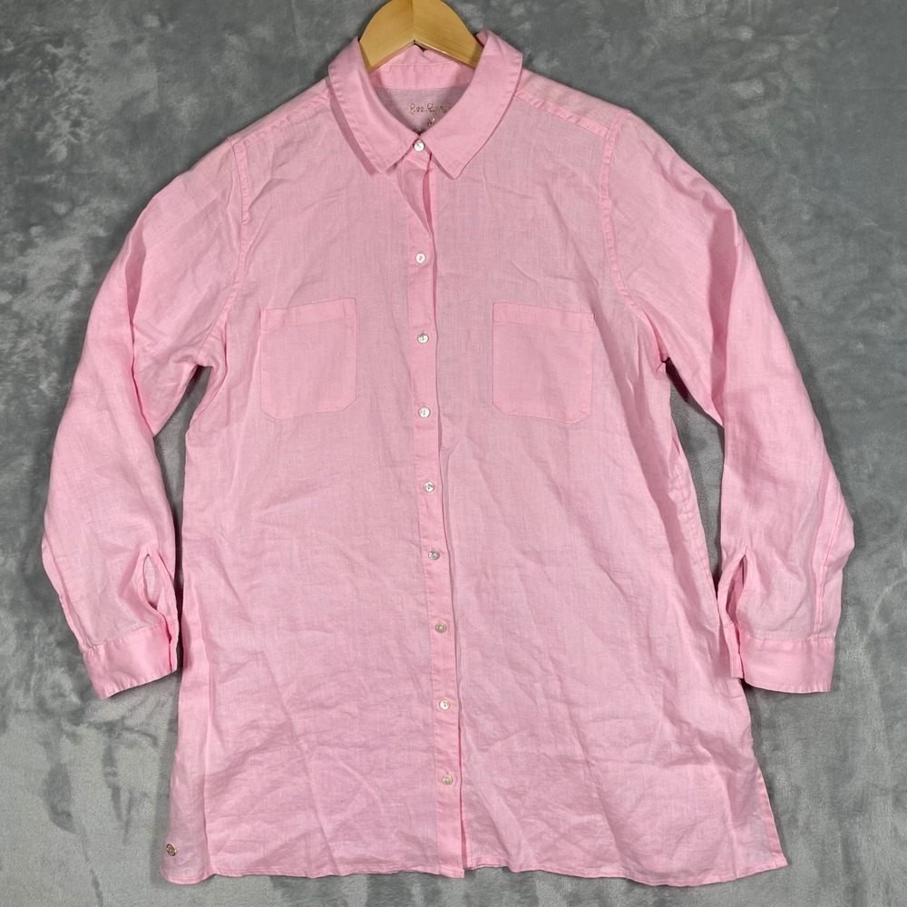 Lilly Pulitzer Pink 100% Linen Button Down Tunic Shirt Womens Medium RN 88189
